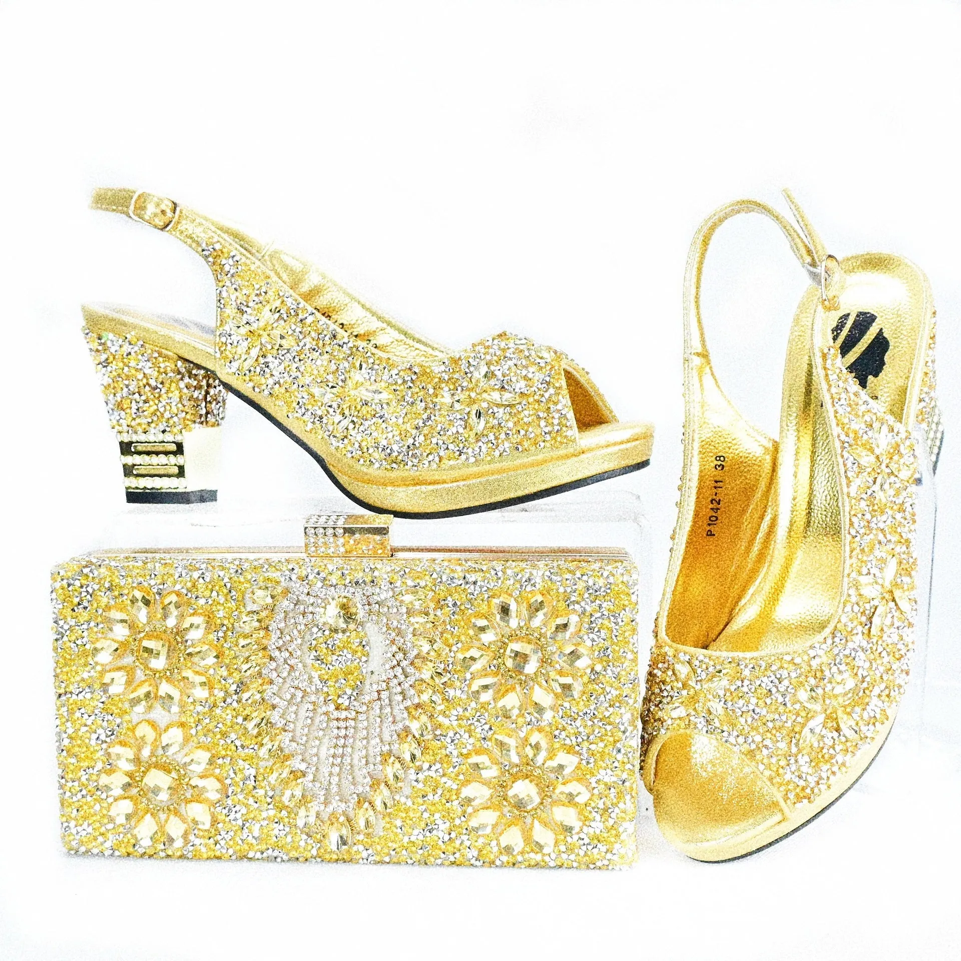 Rhinestone Chunky High Heel Casual Sandals With Clutch Bag ,With RHhinestone Bag ,Diamond Evening Wedding Bag