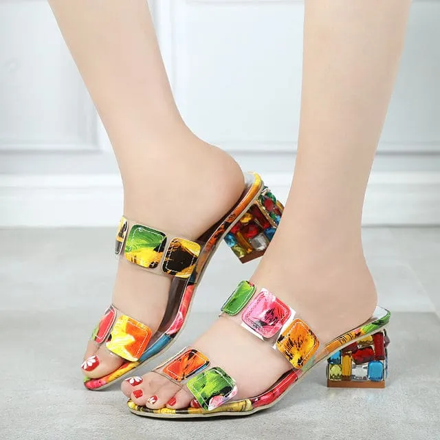 Rhinestone Heels Open Toe Colorful Summer Crystal Sandals