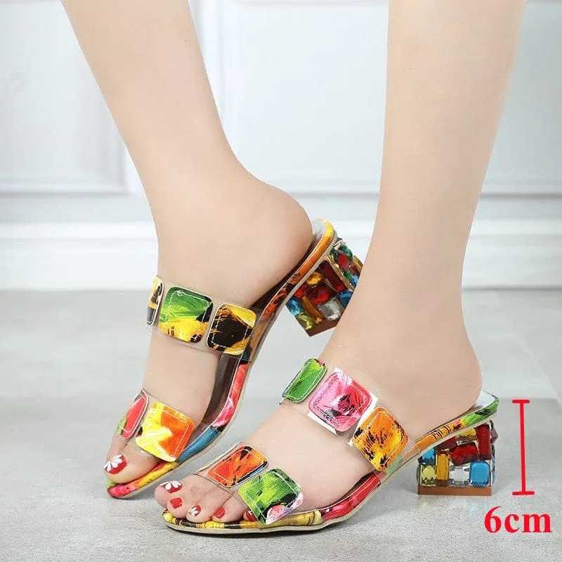 Rhinestone Heels Open Toe Colorful Summer Crystal Sandals