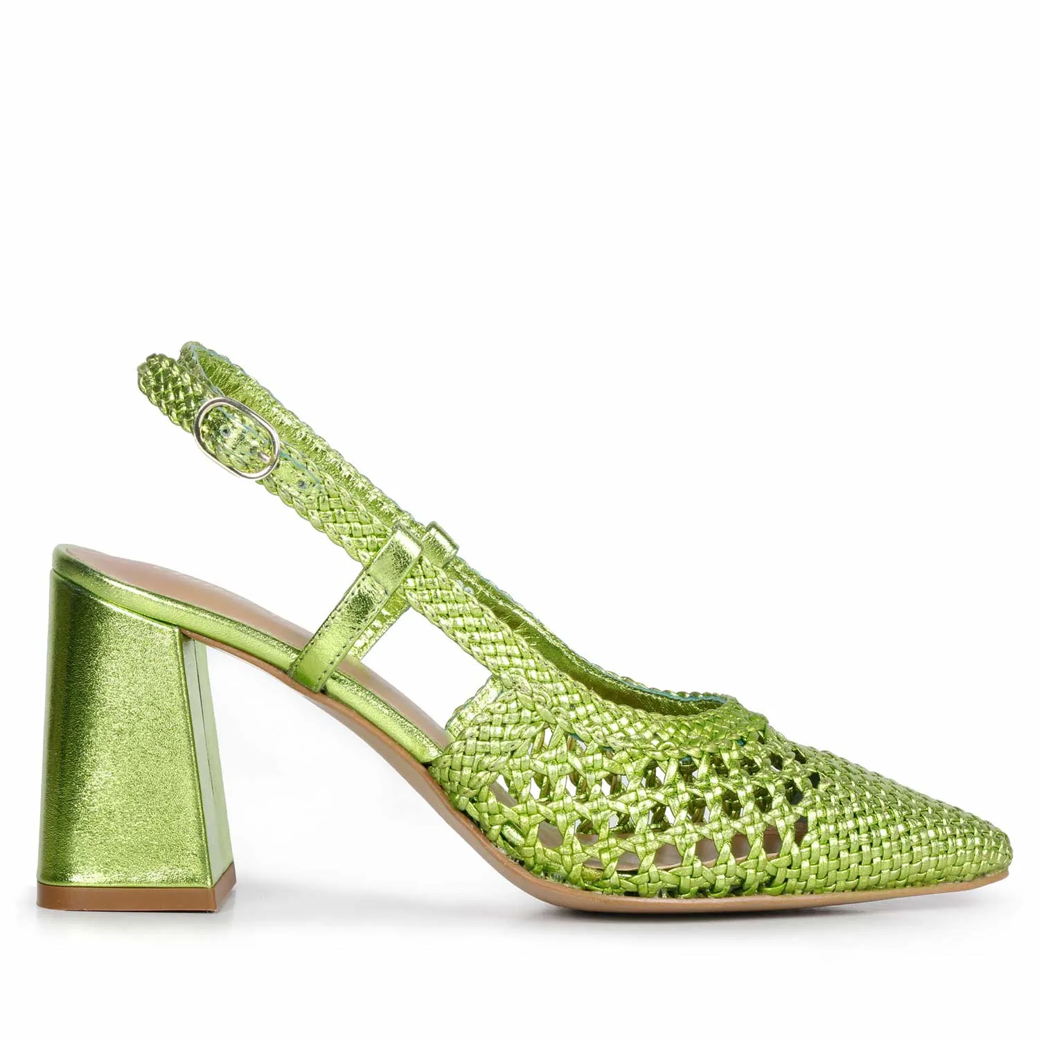 Saint Fabienne Green Metallic Handwoven Leather Block Heels