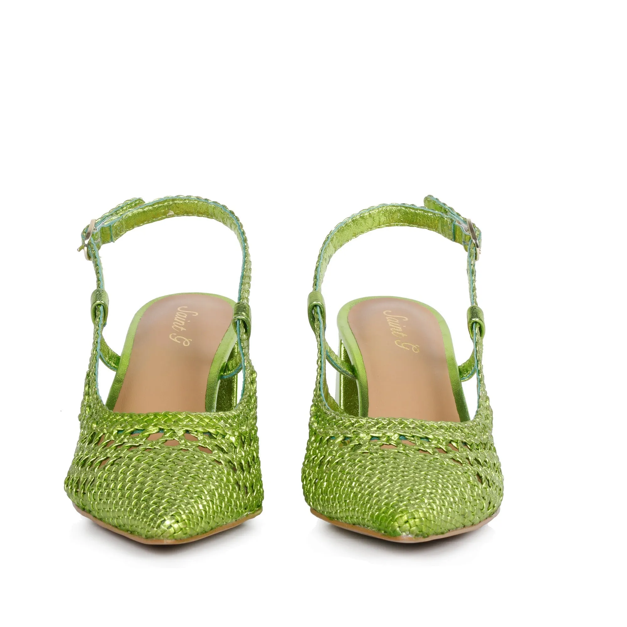 Saint Fabienne Green Metallic Handwoven Leather Block Heels