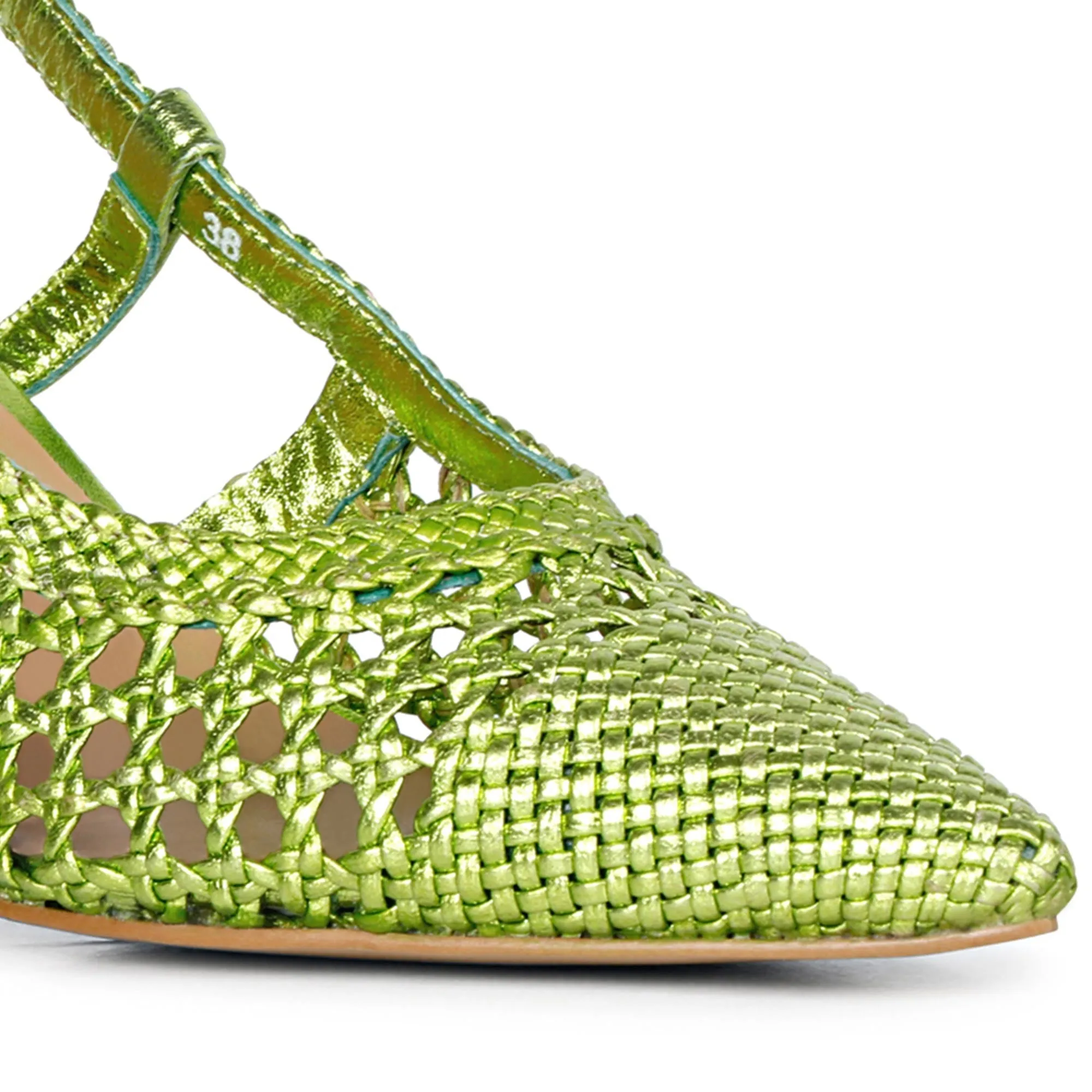 Saint Fabienne Green Metallic Handwoven Leather Block Heels