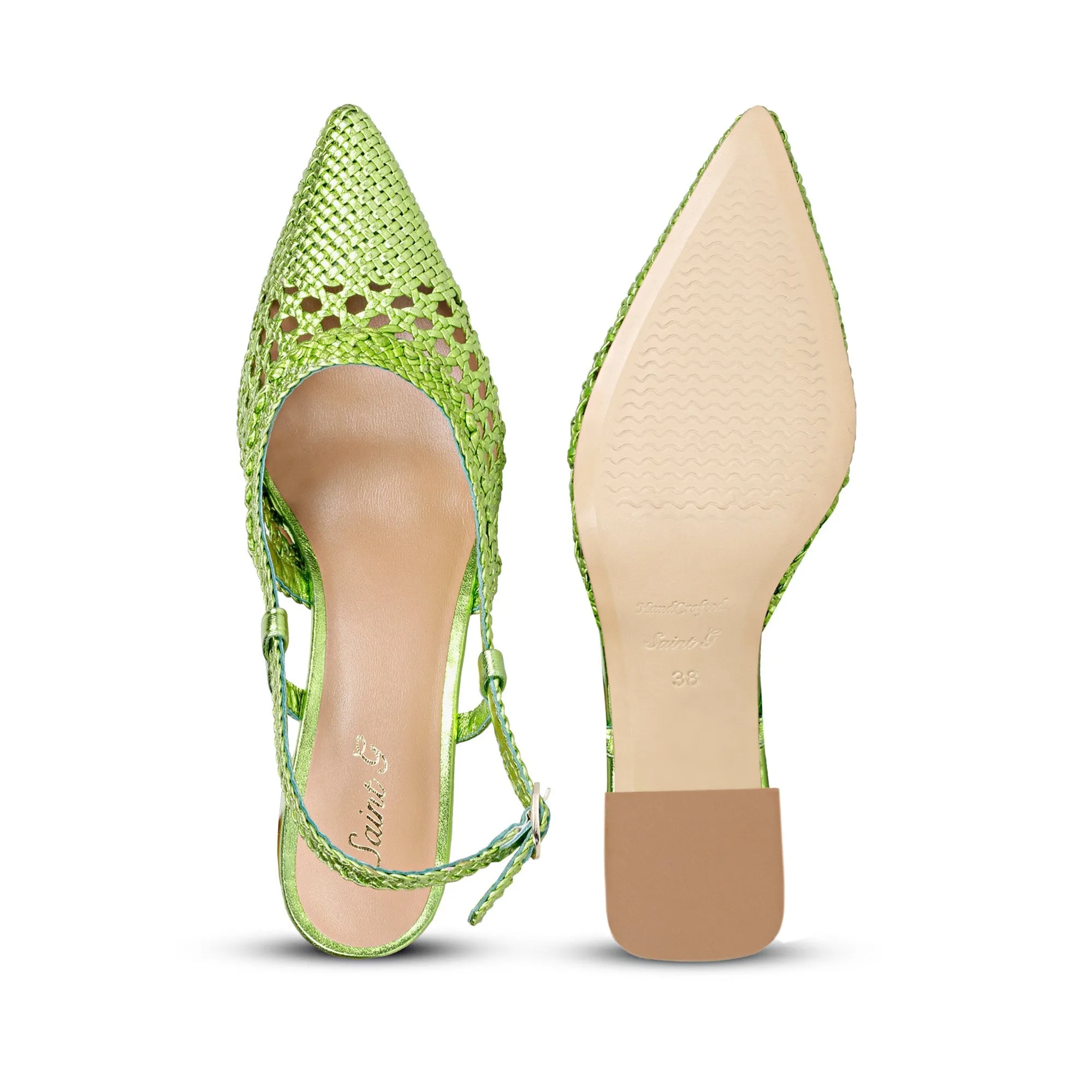 Saint Fabienne Green Metallic Handwoven Leather Block Heels