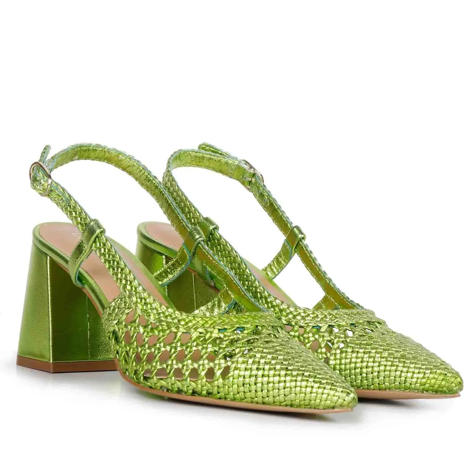 Saint Fabienne Green Metallic Handwoven Leather Block Heels