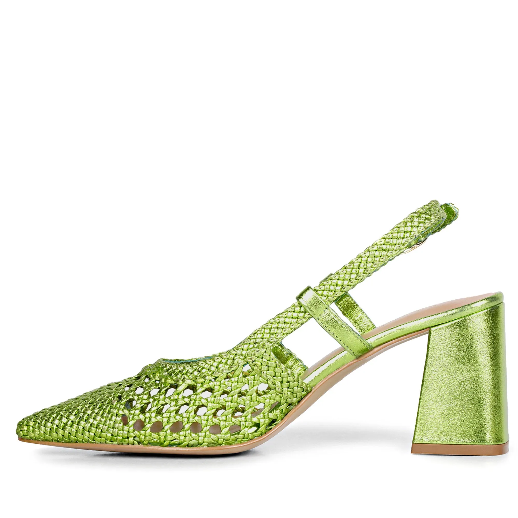 Saint Fabienne Green Metallic Handwoven Leather Block Heels