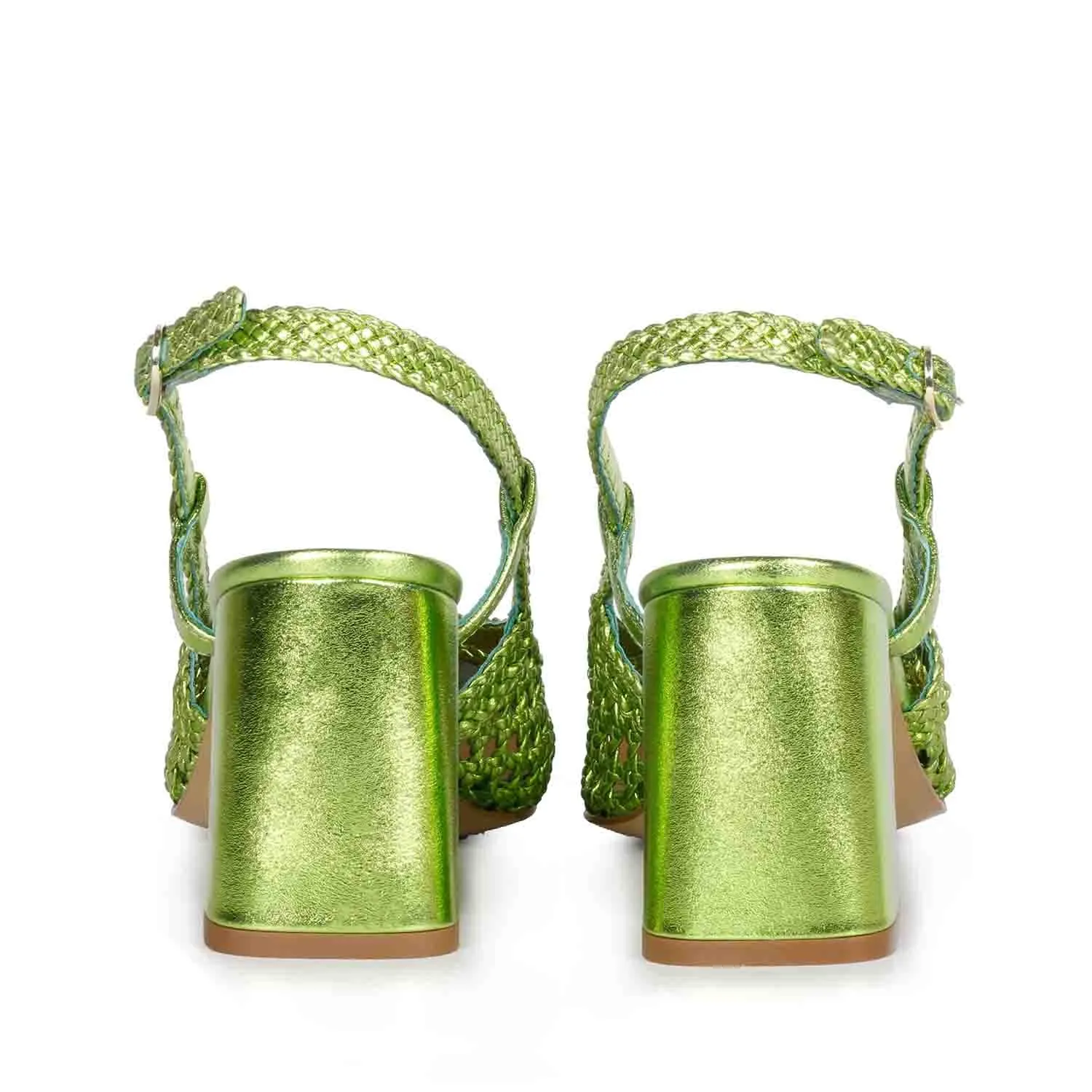 Saint Fabienne Green Metallic Handwoven Leather Block Heels