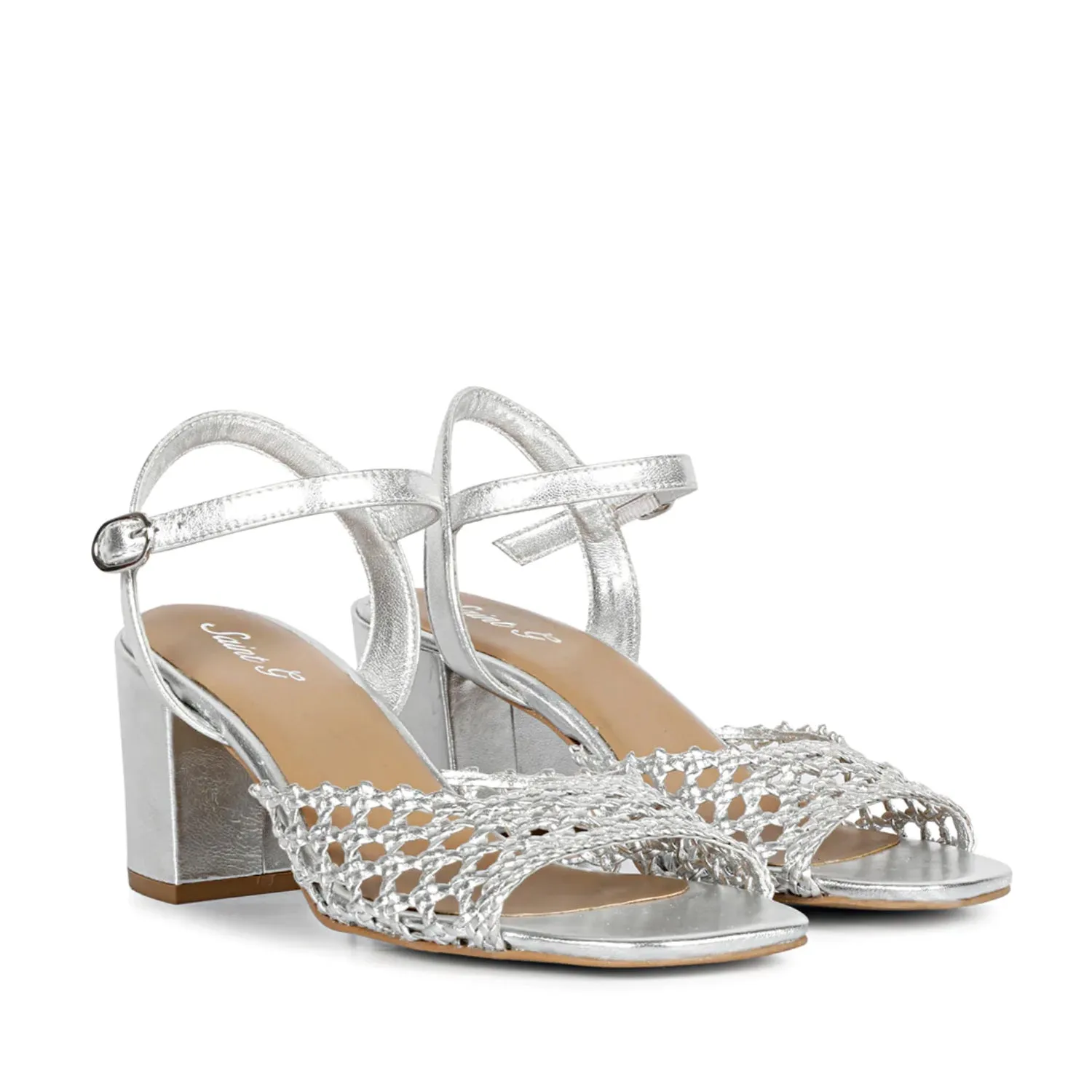 Saint Hana Silver Hand Woven Leather Block Heels