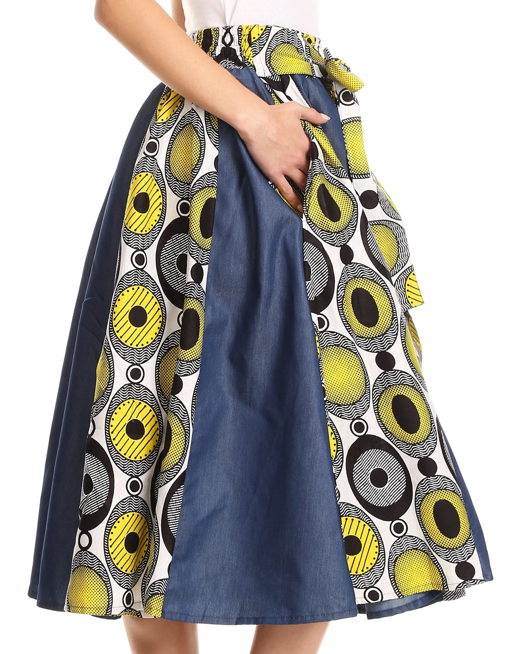 Sakkas Dayo Circle Mid Skirt with Elastic Waist Colorful Ankara African Wax Dutch