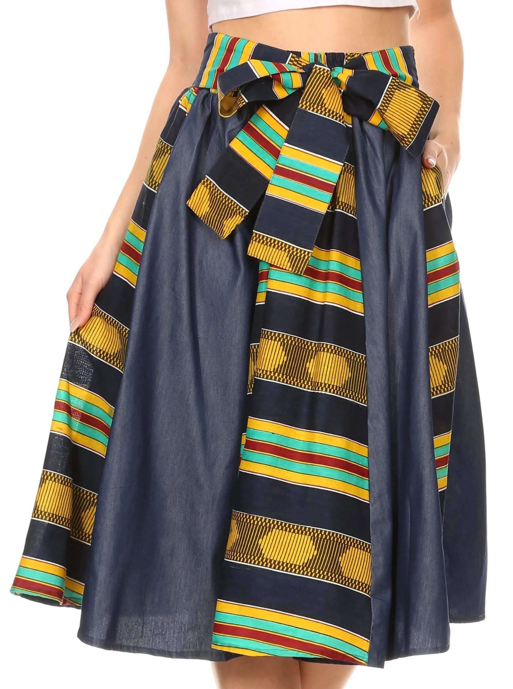 Sakkas Dayo Circle Mid Skirt with Elastic Waist Colorful Ankara African Wax Dutch