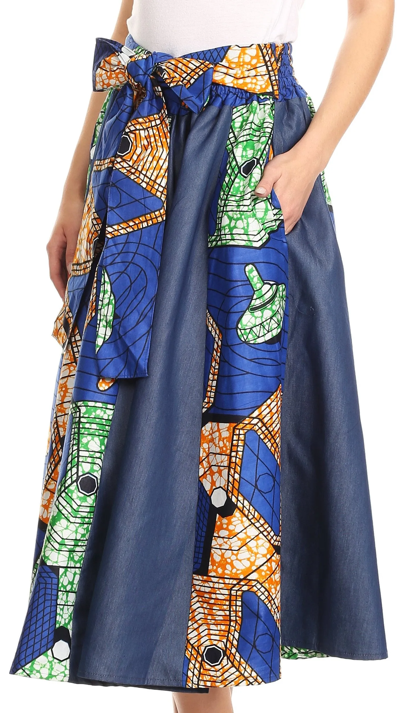 Sakkas Dayo Circle Mid Skirt with Elastic Waist Colorful Ankara African Wax Dutch