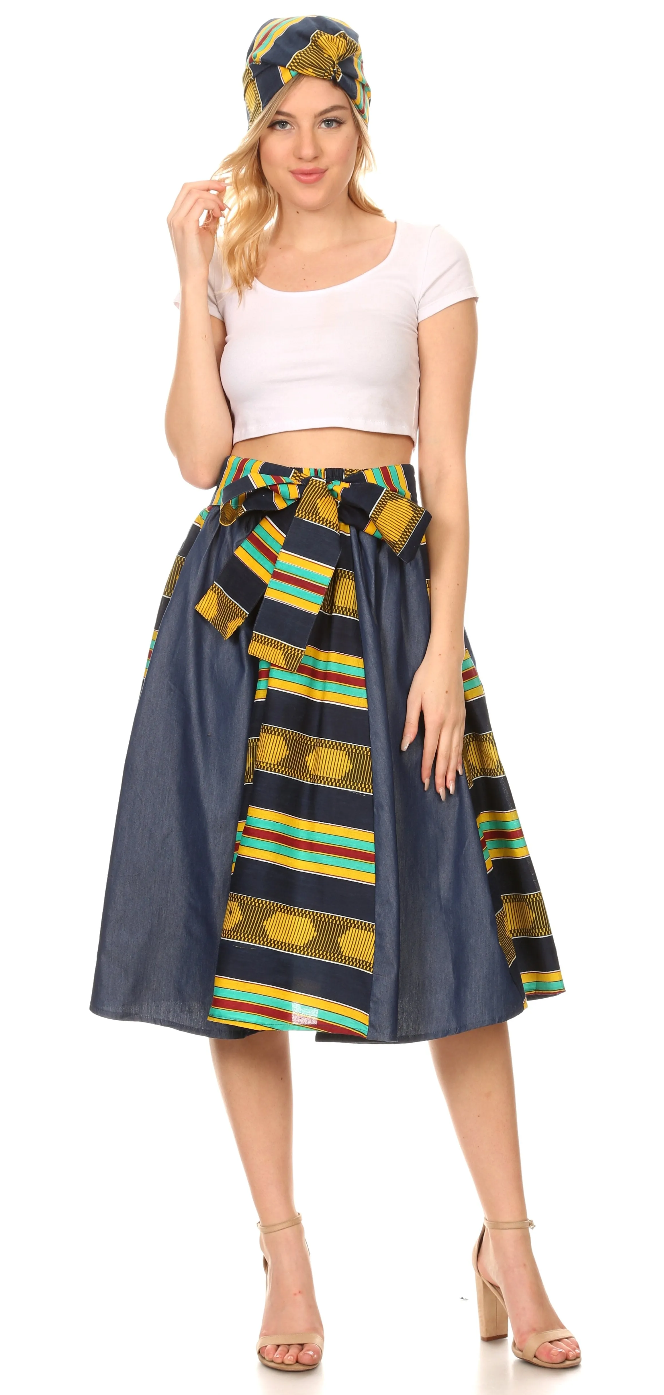 Sakkas Dayo Circle Mid Skirt with Elastic Waist Colorful Ankara African Wax Dutch