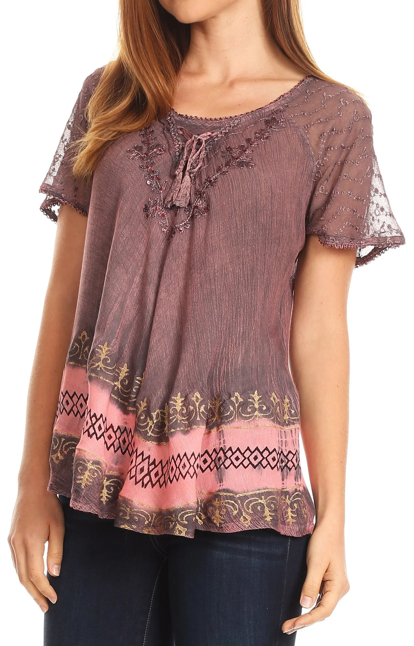 Sakkas Diane Short Sleeve Slim Top Blouse with Sequin Embroidery & Golden Print