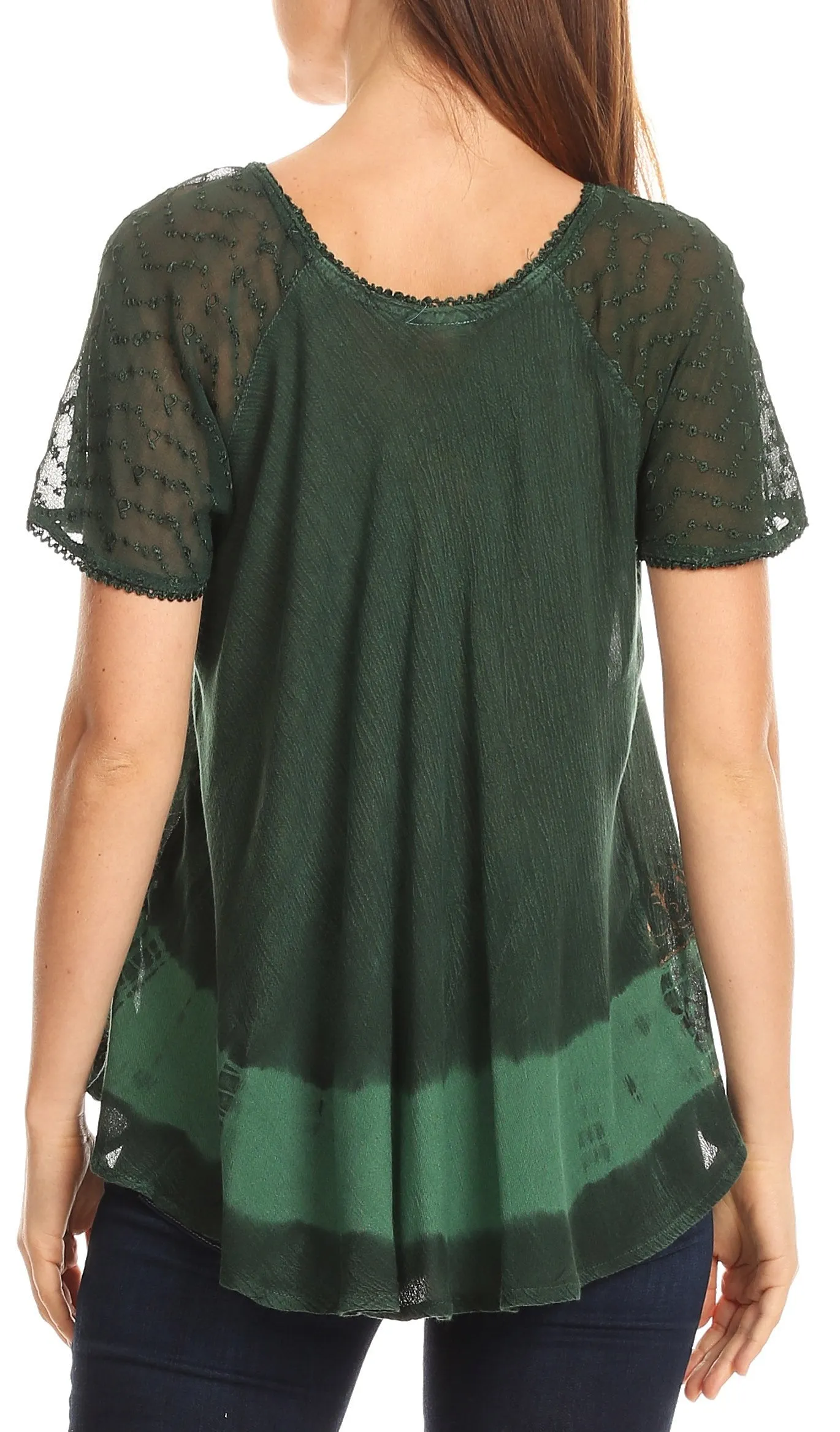 Sakkas Diane Short Sleeve Slim Top Blouse with Sequin Embroidery & Golden Print