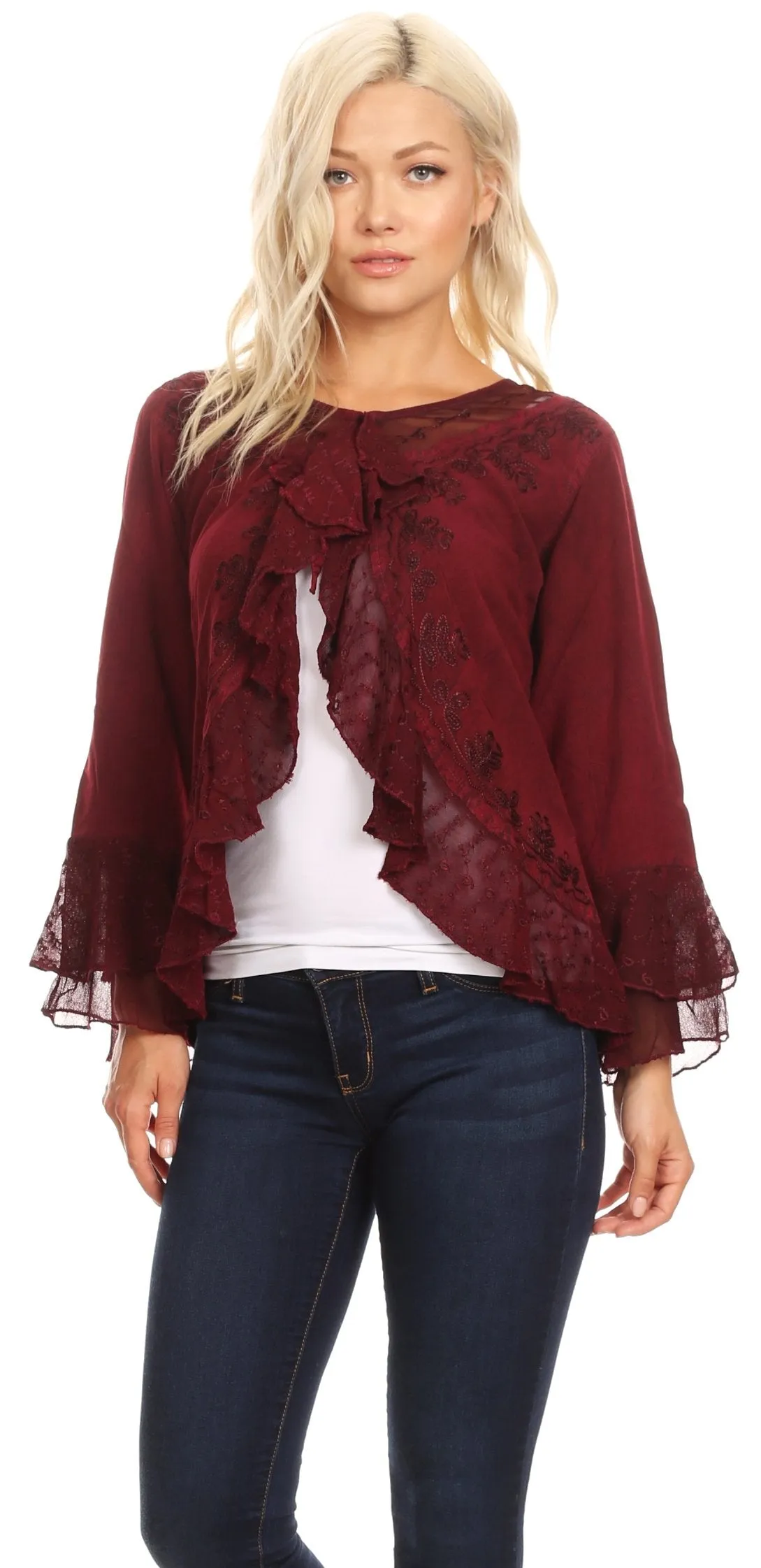 Sakkas Jimena Womens Ruffle 3/4 Sleeve Open Front Cropped Cardigan Top Lace