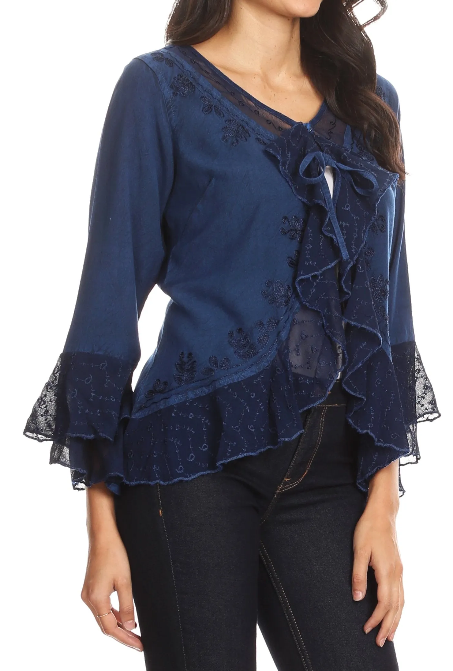 Sakkas Jimena Womens Ruffle 3/4 Sleeve Open Front Cropped Cardigan Top Lace