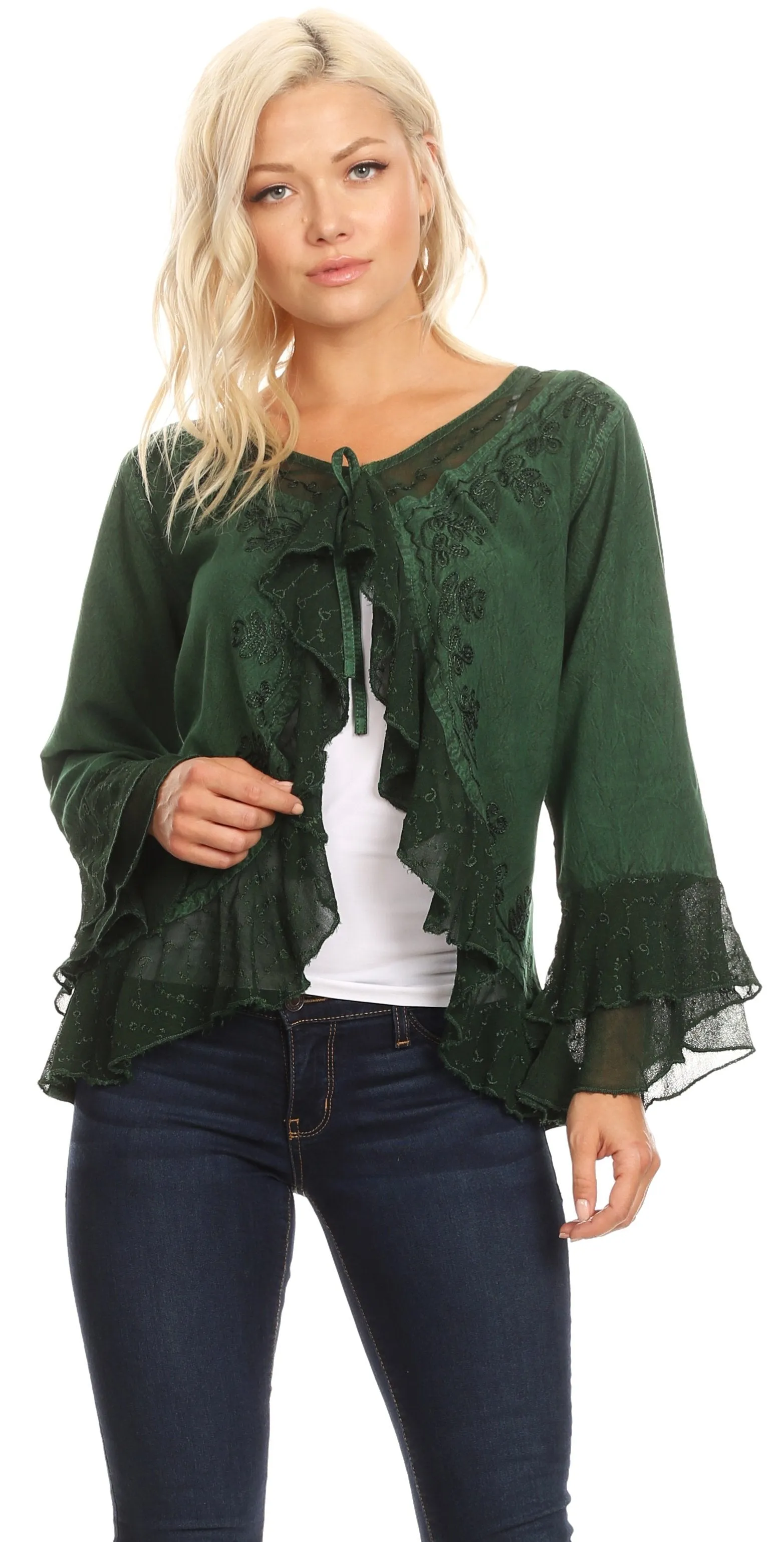 Sakkas Jimena Womens Ruffle 3/4 Sleeve Open Front Cropped Cardigan Top Lace