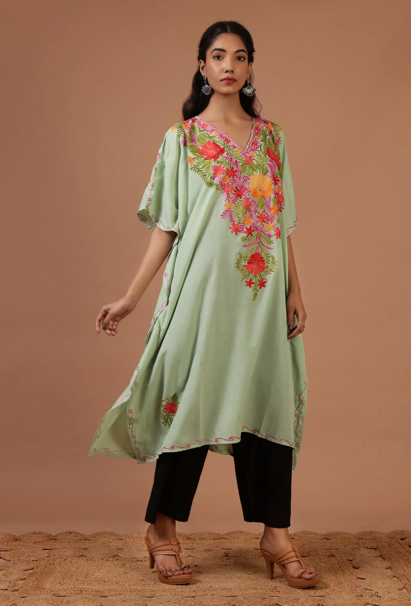 Sea Mist Cotton Crush Ari Embroidered Kaftan- Free Size