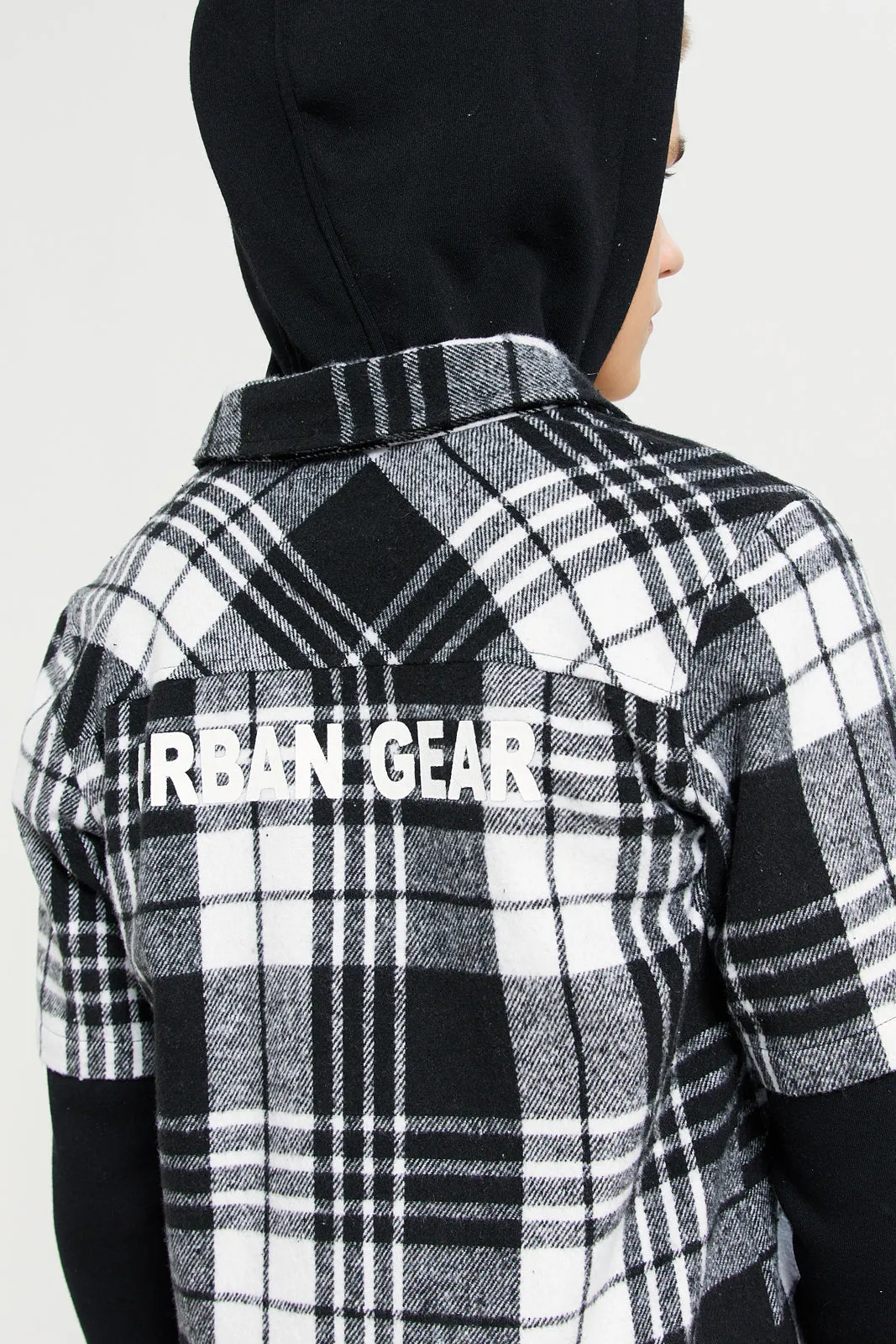 Senior Boys Black Checkered Hooded Shirt