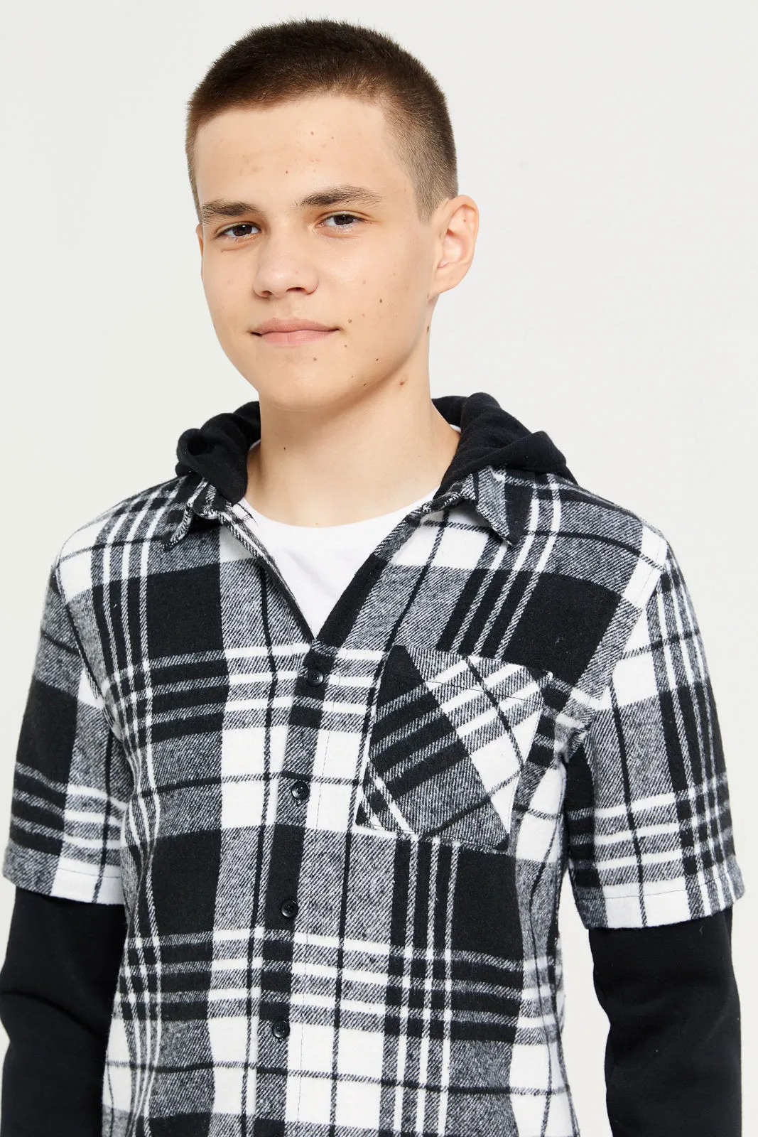 Senior Boys Black Checkered Hooded Shirt