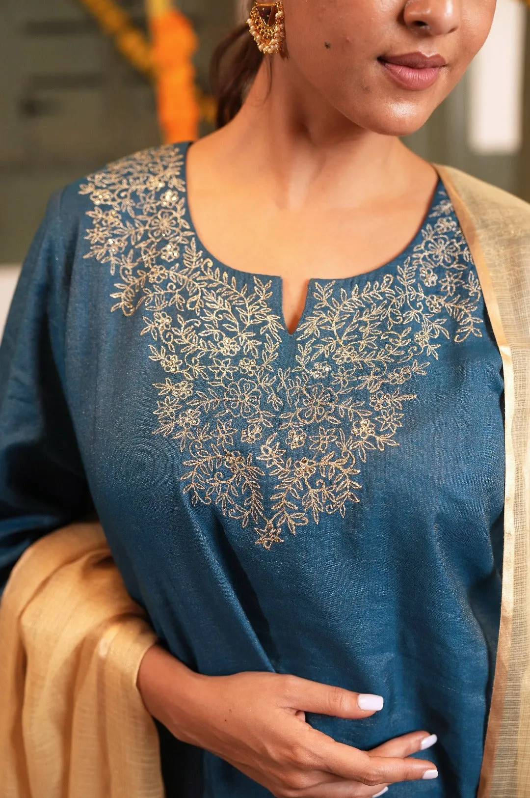 Sitara Turquoise Silk Tissue Cotton Kurta | Ray-ethnic