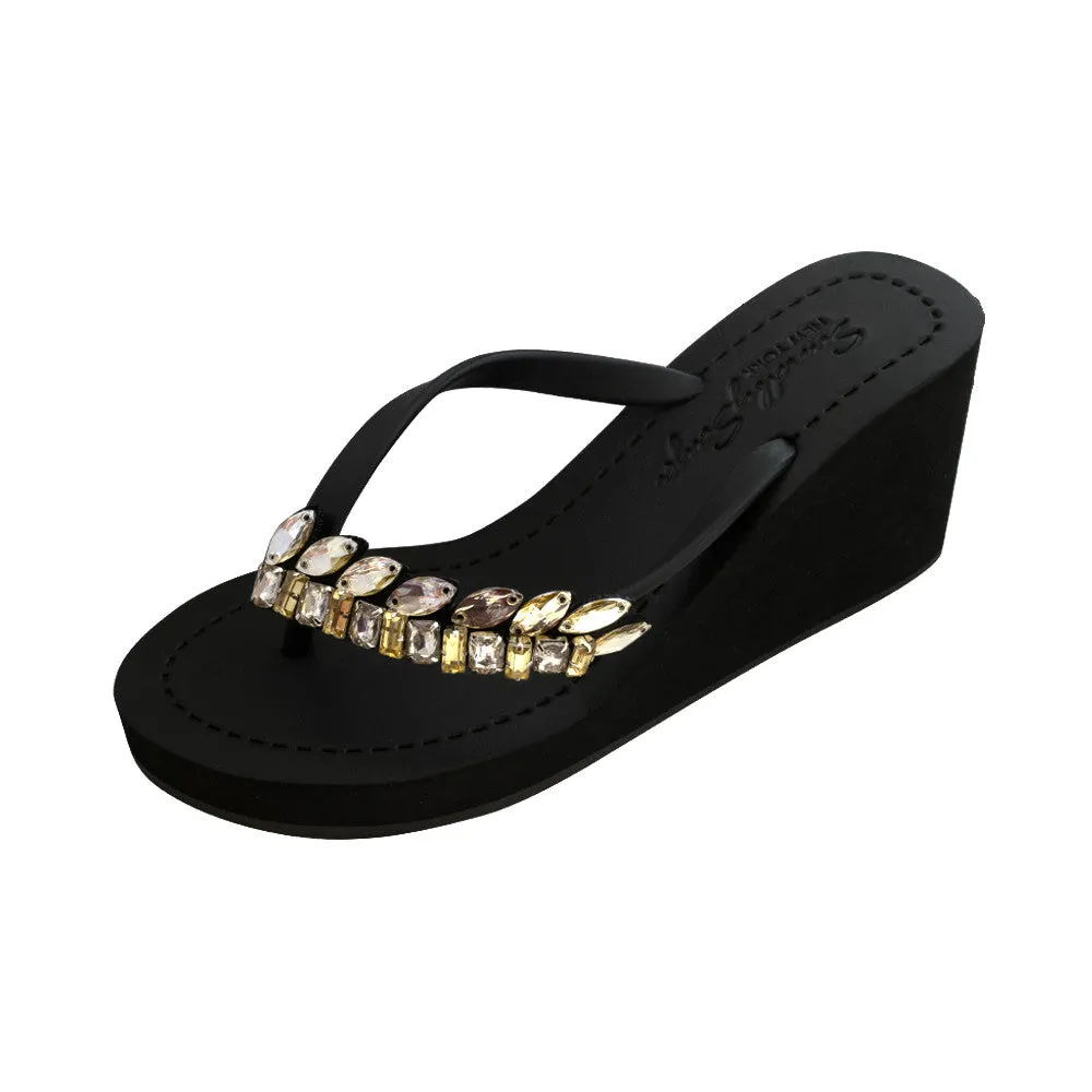 Smith - Gold Rhine Stone Embellished Women's High Wedge Flip Flops Sandal