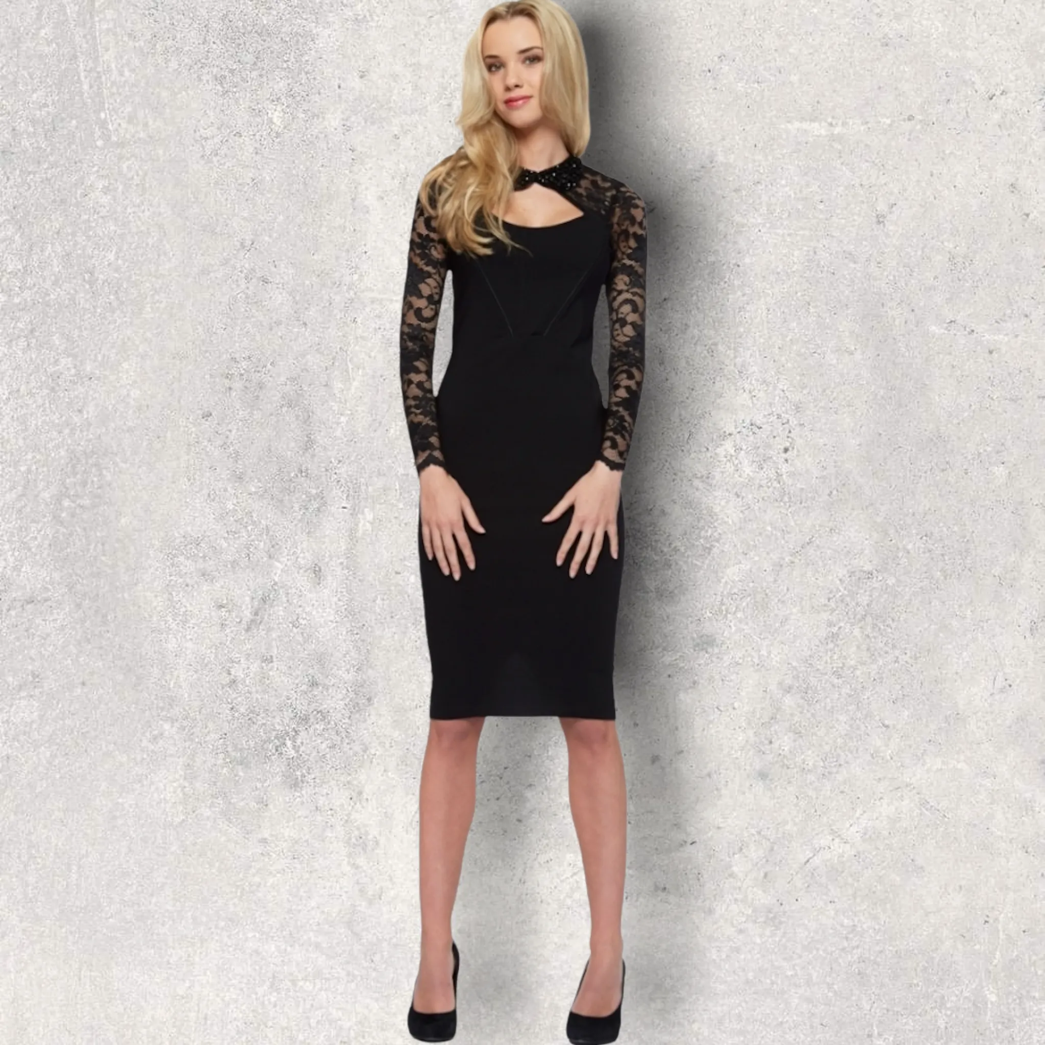 Tempest Dolly Black Pencil Dress With Lace Sleeves UK 8 US 4 EU 36