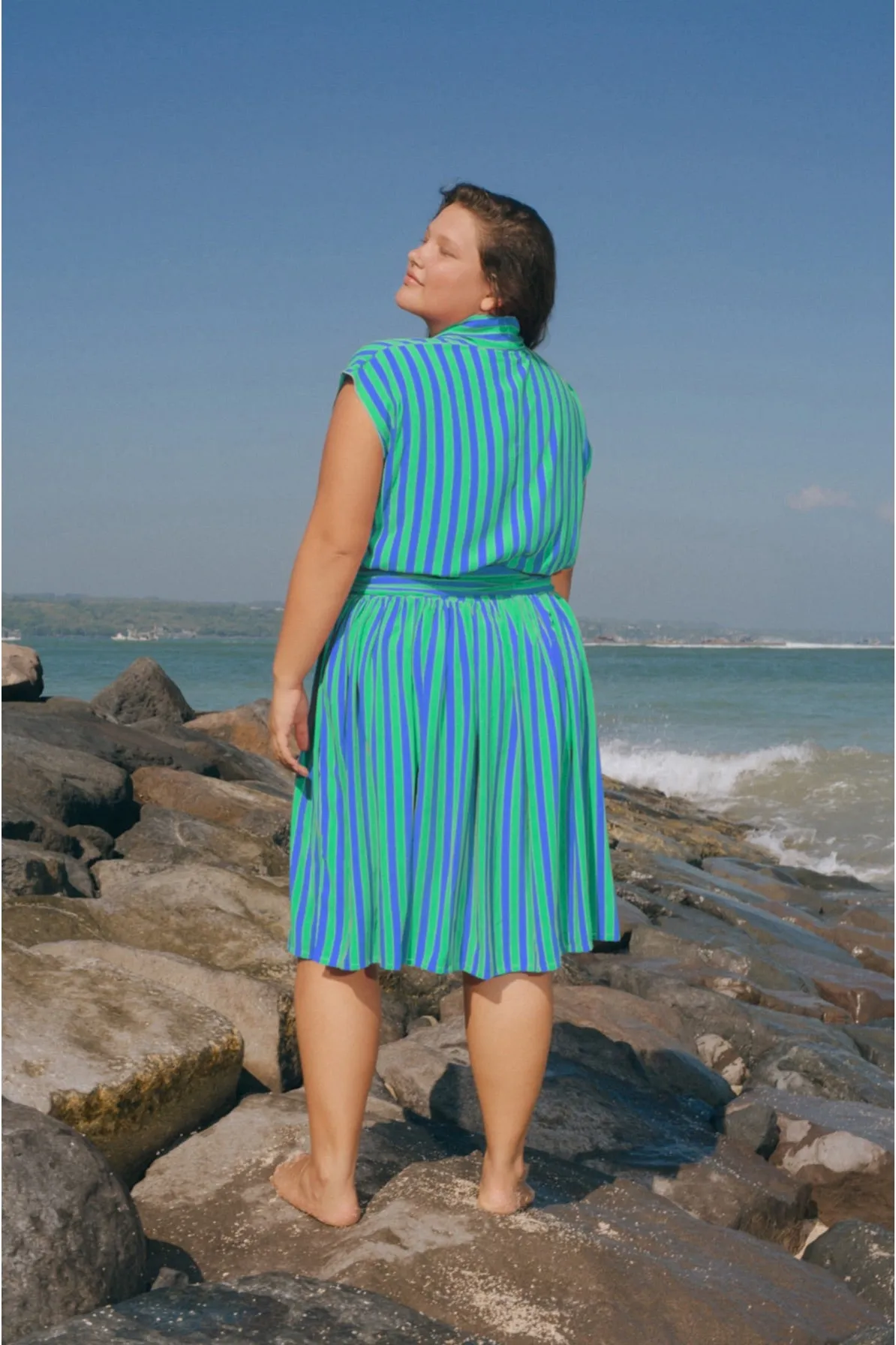 THE POINT DRESS SHORT - WHIPPY STRIPE GREEN & BLUE