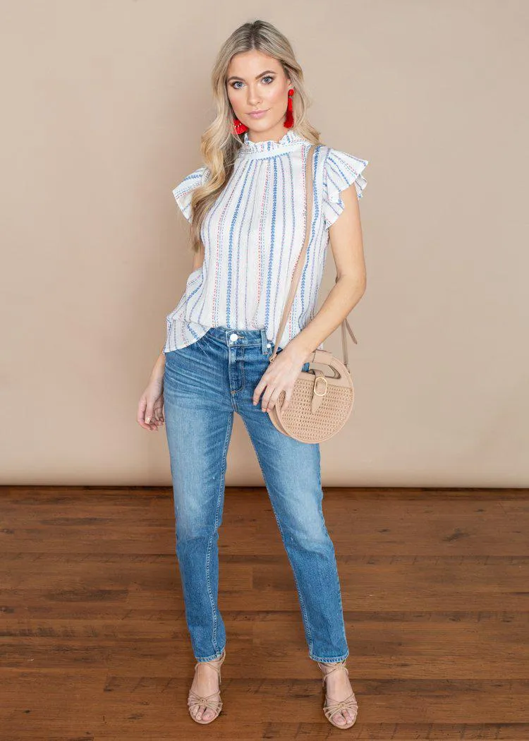 THML Striped Flutter Sleeve Embroidered Top-White