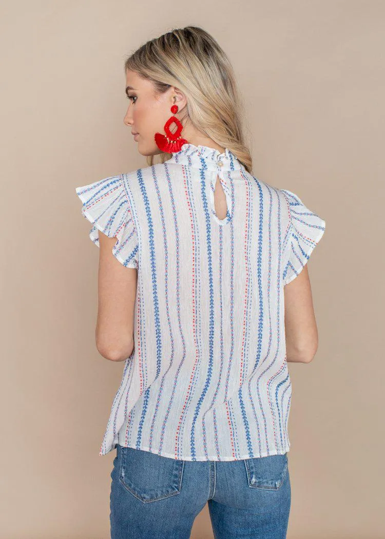 THML Striped Flutter Sleeve Embroidered Top-White