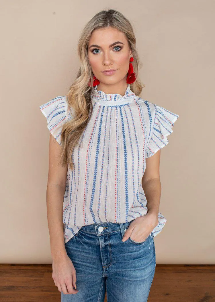 THML Striped Flutter Sleeve Embroidered Top-White