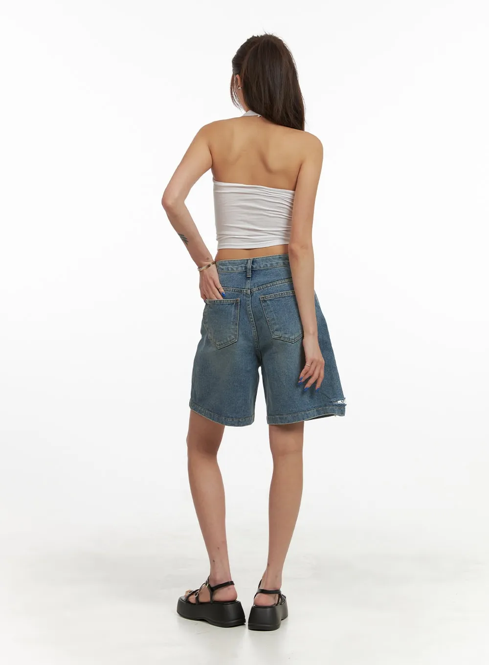 Unbalanced Destroyed Hem Bermuda Jorts CY423