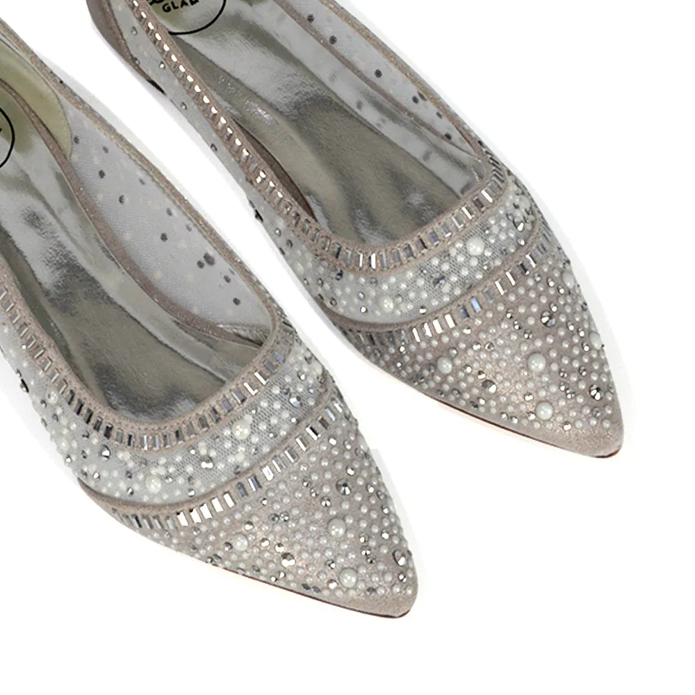 Vivian Pointed Toe Sparkly Diamante Wedding Bridal Pump Flats in Pink Satin