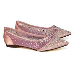 Vivian Pointed Toe Sparkly Diamante Wedding Bridal Pump Flats in Pink Satin