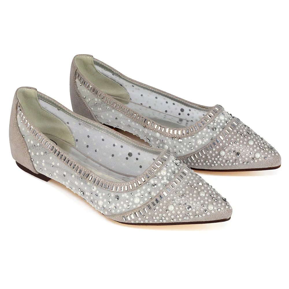 Vivian Pointed Toe Sparkly Diamante Wedding Bridal Pump Flats in Pink Satin