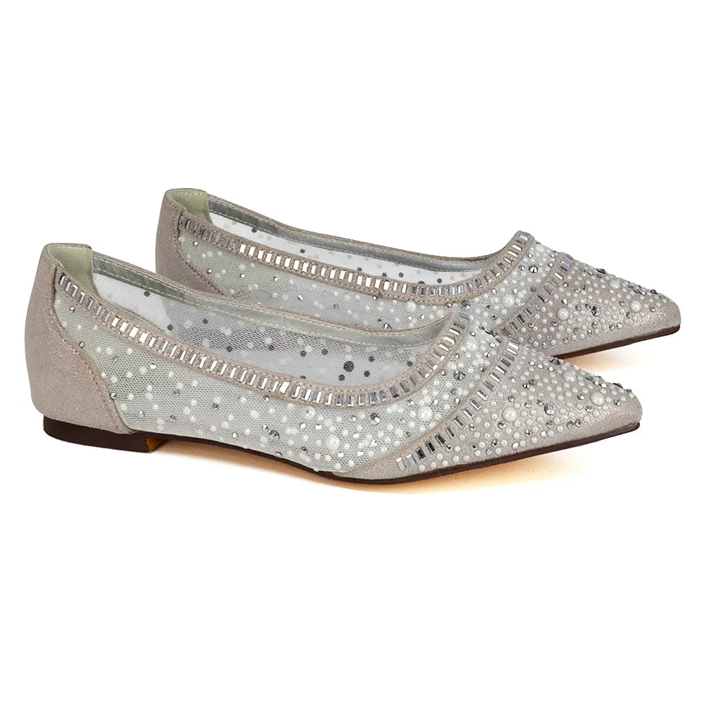 Vivian Pointed Toe Sparkly Diamante Wedding Bridal Pump Flats in Pink Satin