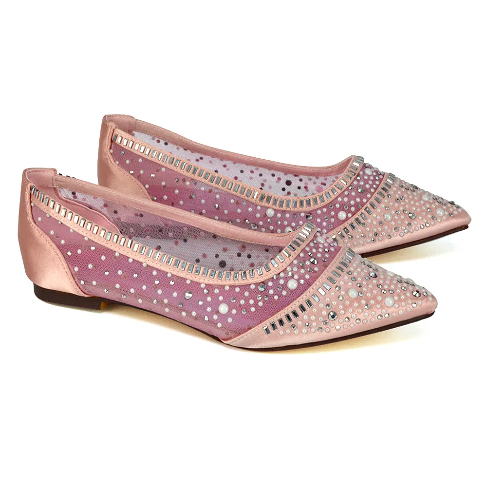 Vivian Pointed Toe Sparkly Diamante Wedding Bridal Pump Flats in Pink Satin