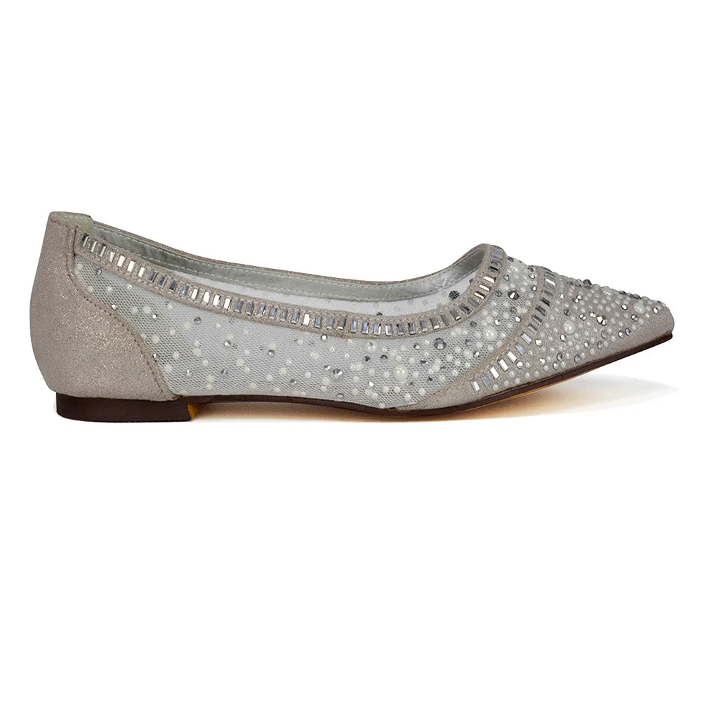 Vivian Pointed Toe Sparkly Diamante Wedding Bridal Pump Flats in Pink Satin