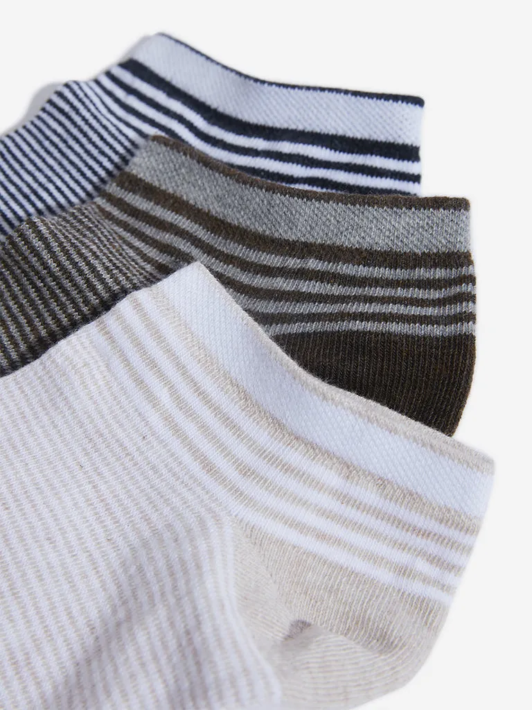 WES Lounge Blue Striped Cotton Blend Socks - Pack of 3