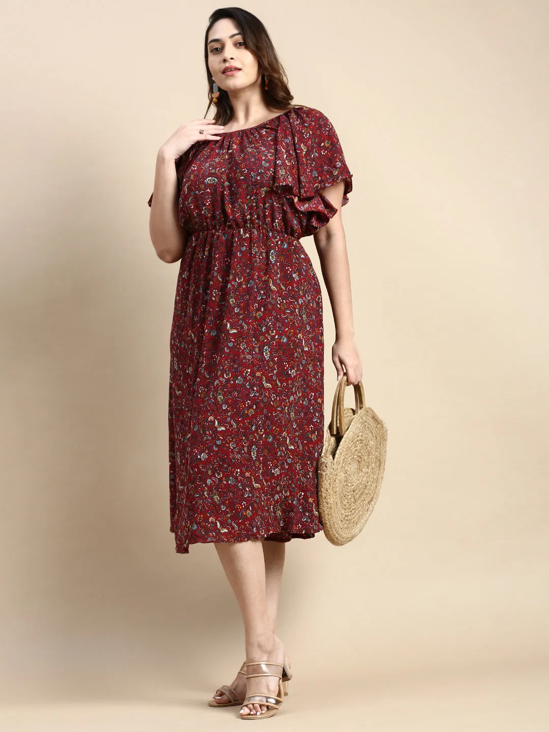 Women Flutter Maroon Bohemian Fit and Flare Dress