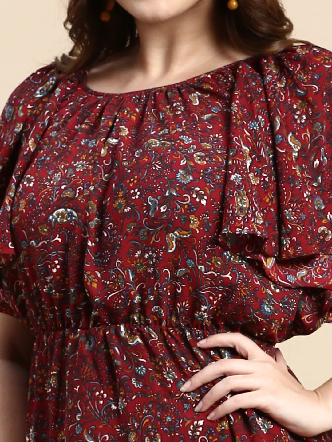 Women Flutter Maroon Bohemian Fit and Flare Dress