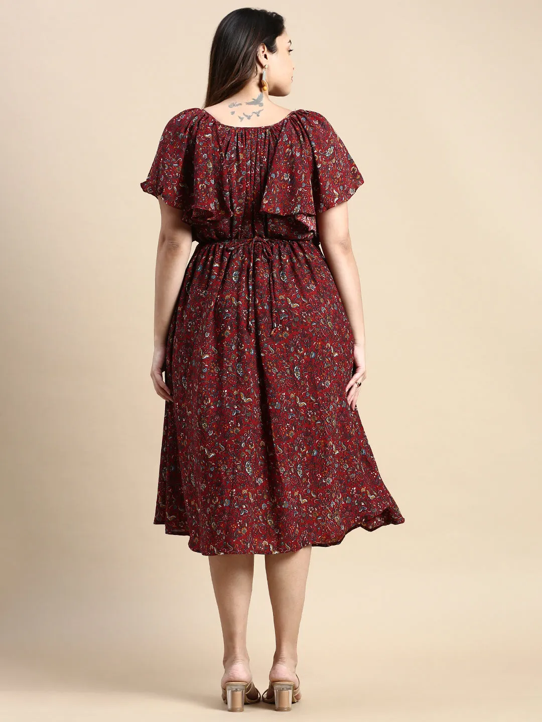 Women Flutter Maroon Bohemian Fit and Flare Dress