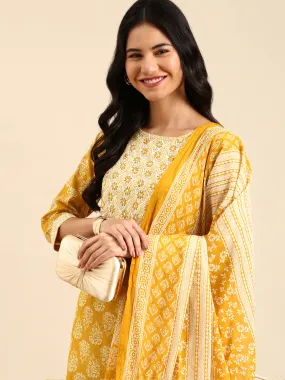 Women Graphic Yellow Straight Kurta Set with Dupatta