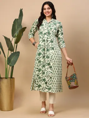 Women Green Floral A Line Kurta