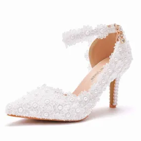 Women White Wedding Lace-up Sandals High Heels Bridal Mary jane shoes