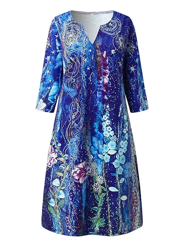 Women's Shift Dress Knee Length Dress 3/4 Length Sleeve Floral Print Summer Spring Fall V Neck Casual 2023 S M L XL XXL XXXL 4XL