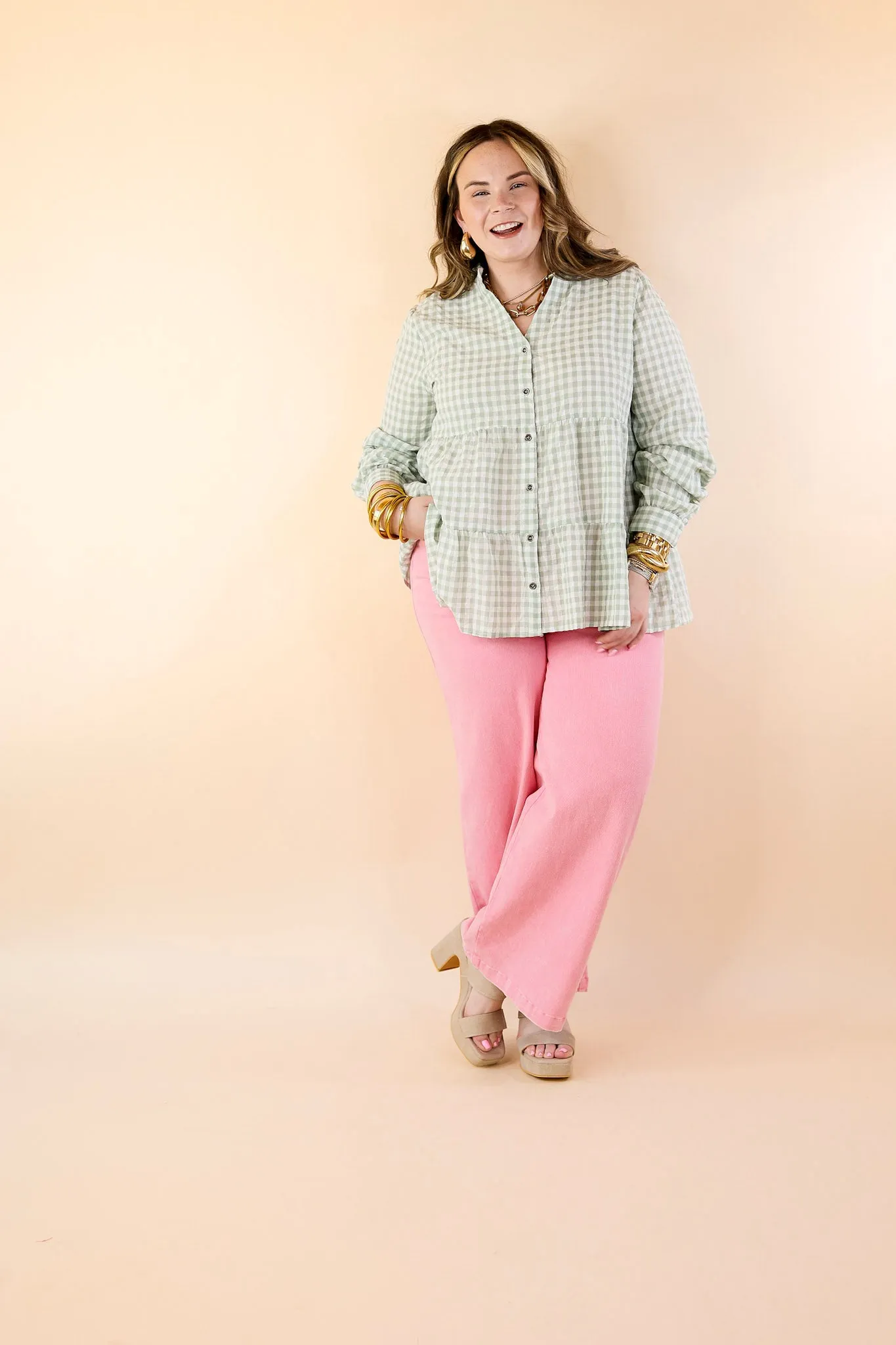 Wonderful Wishes Button Up Gingham Top with Long Sleeves in Sage Green