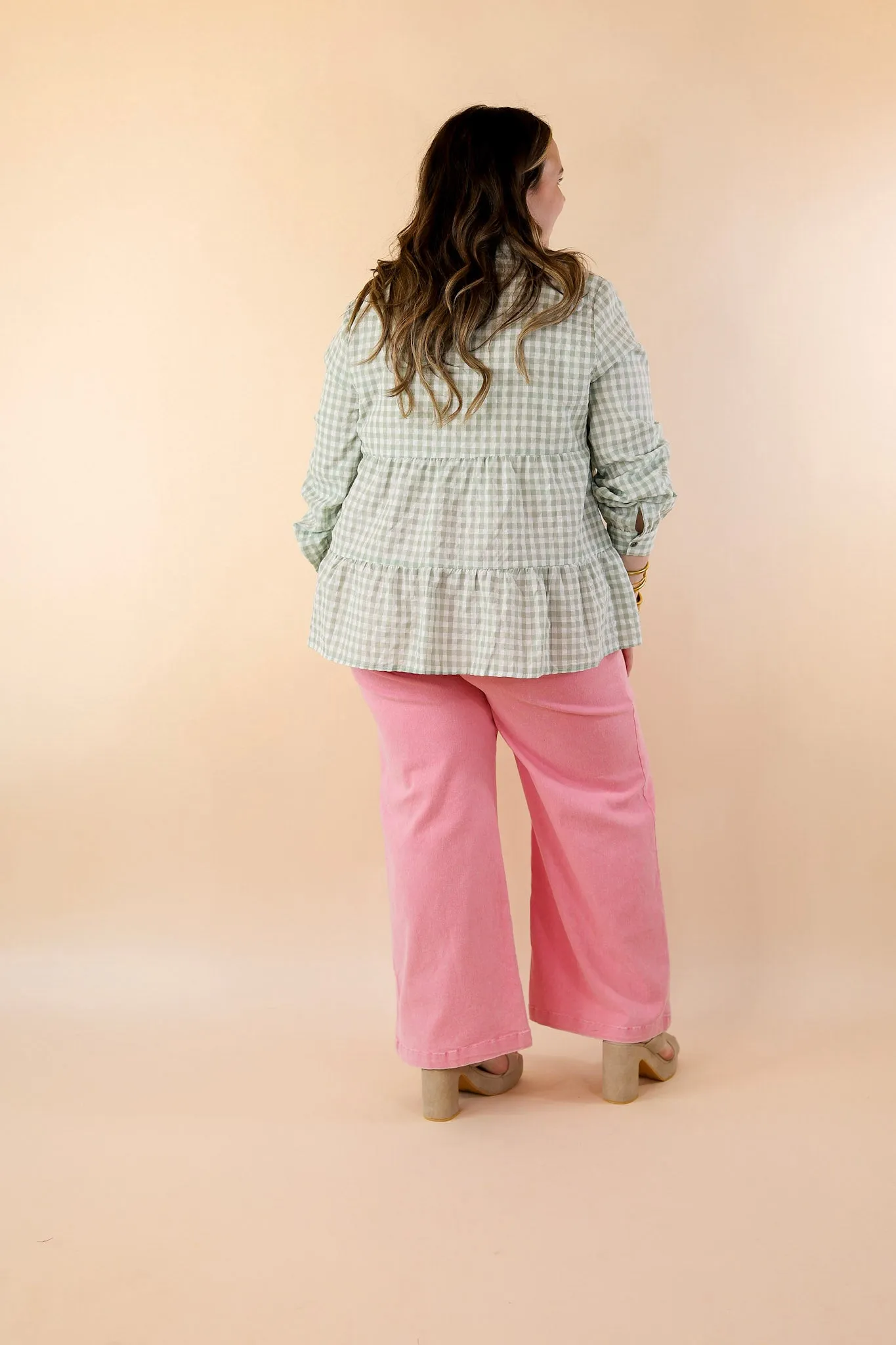 Wonderful Wishes Button Up Gingham Top with Long Sleeves in Sage Green