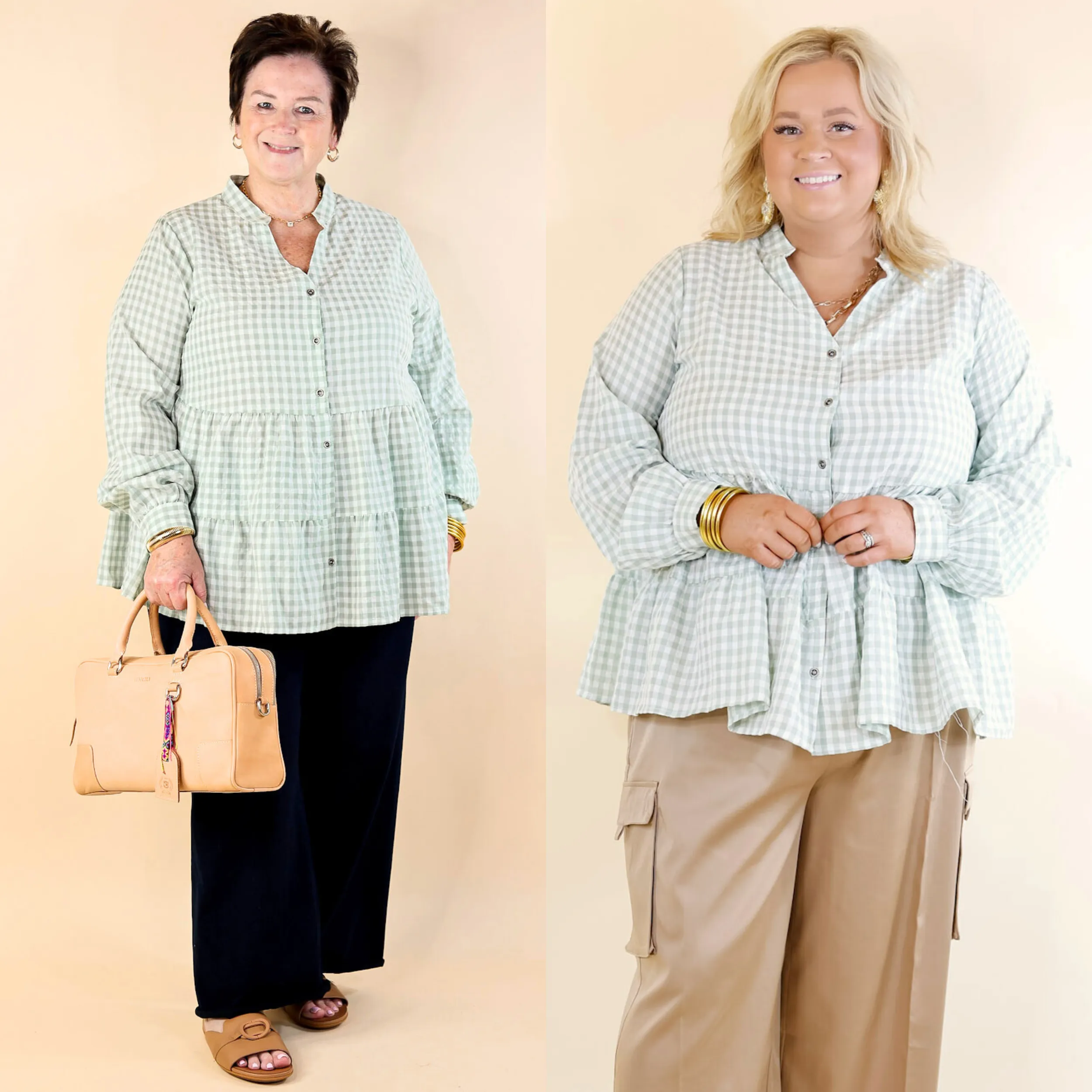 Wonderful Wishes Button Up Gingham Top with Long Sleeves in Sage Green