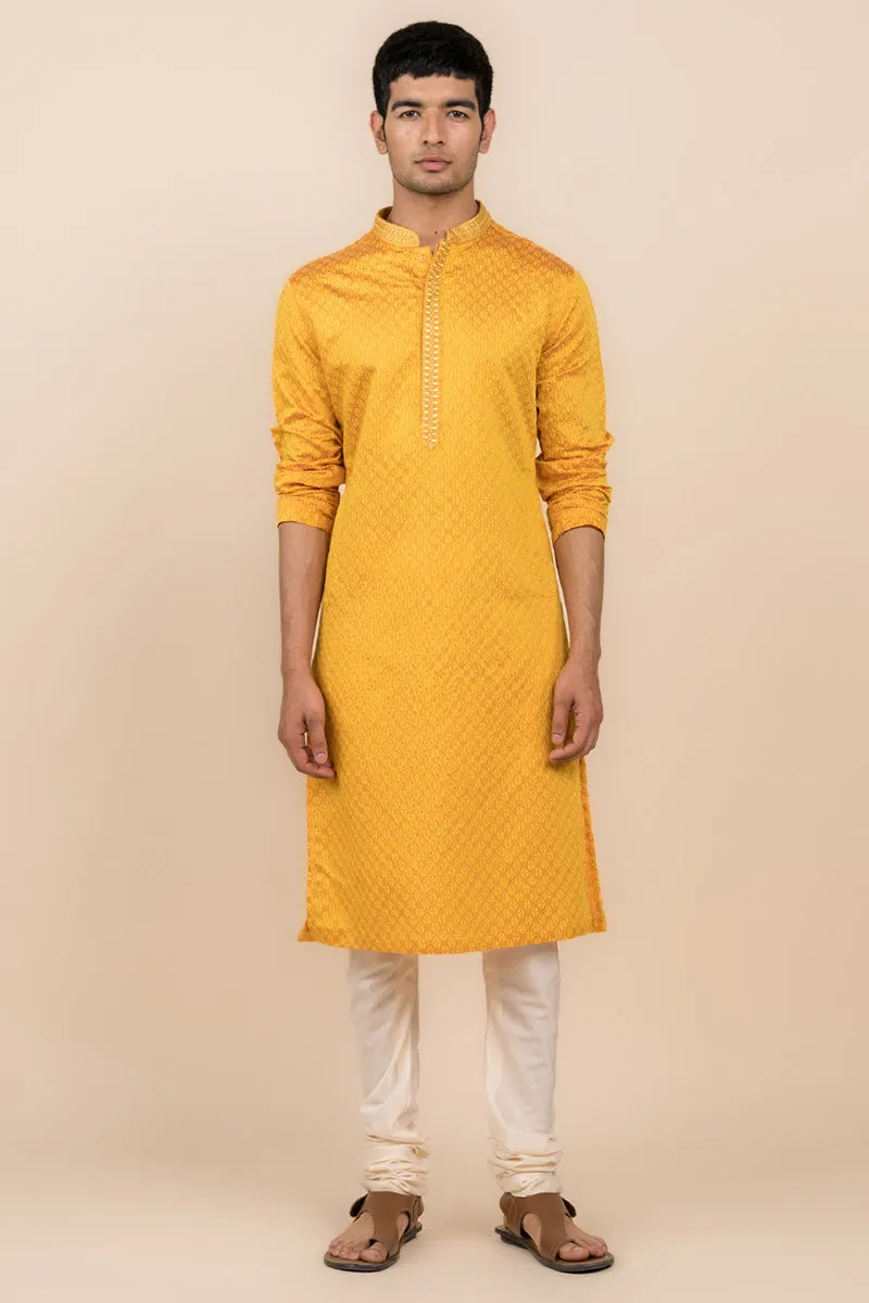 Yellow Ochre All Over Jacquard Kurta Set