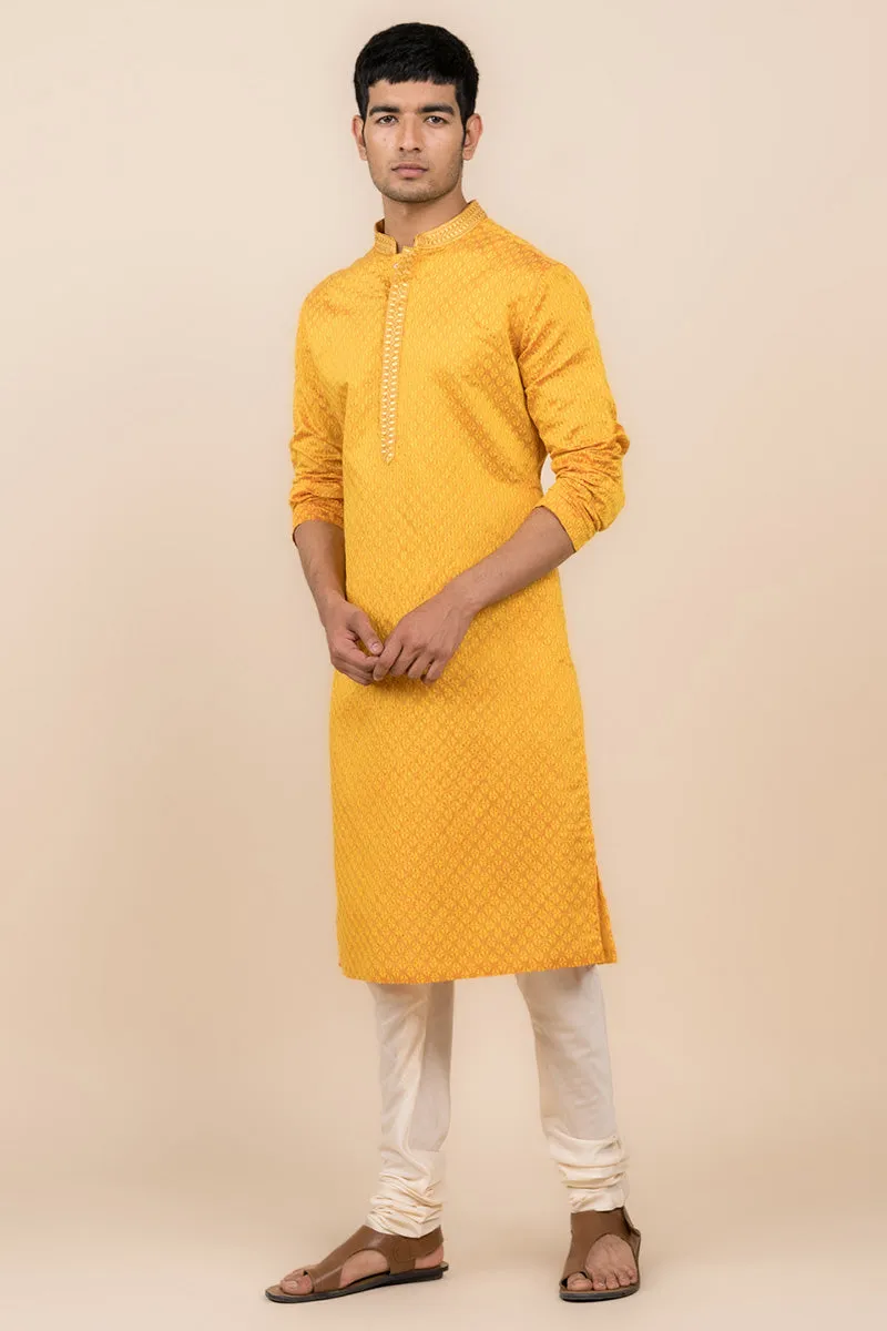 Yellow Ochre All Over Jacquard Kurta Set